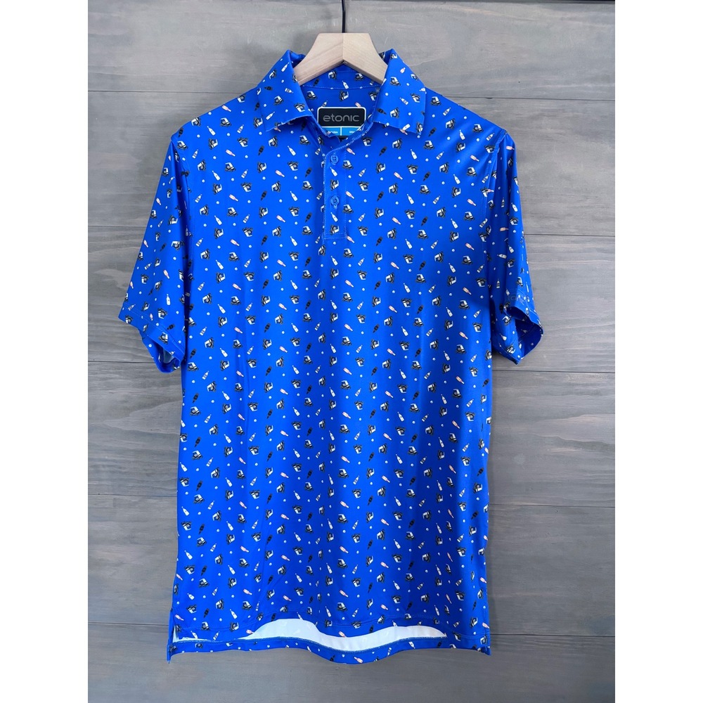 Etonic‎ Men's Golf Polo Performance Size Small Blue Golf Cart Beer Cocktails